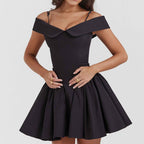 Women's Off-Shoulder A-Line Mini Dress with Spaghetti Straps Black