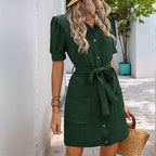 Women's Tailored Shirt Dress – Short Sleeve, Belted, Button Closure, with Pockets Army Green