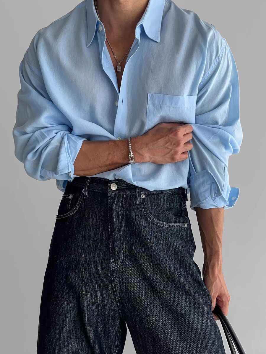 Men's Long Sleeve Relaxed Fit Shirt – Breathable Natural Fabric – Casual Button Design Sky Blue