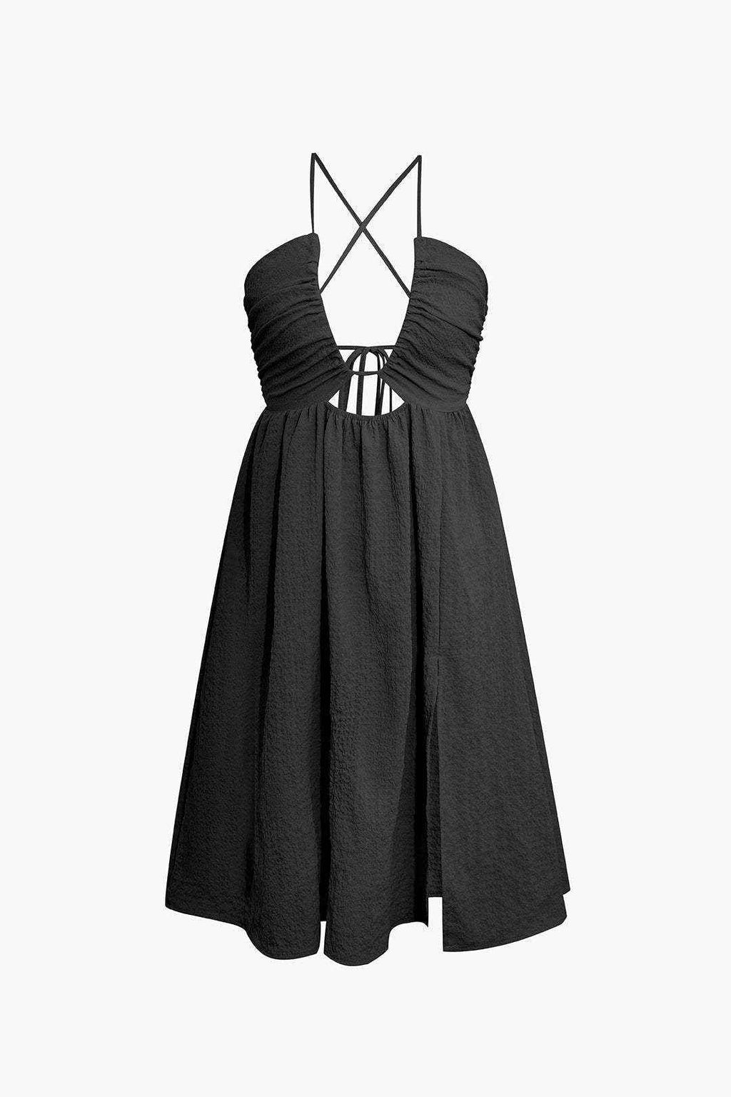 Women's Cut-Out Midi Dress with V-Neck, Spaghetti Straps, and High Slit - Cotton Blend Black