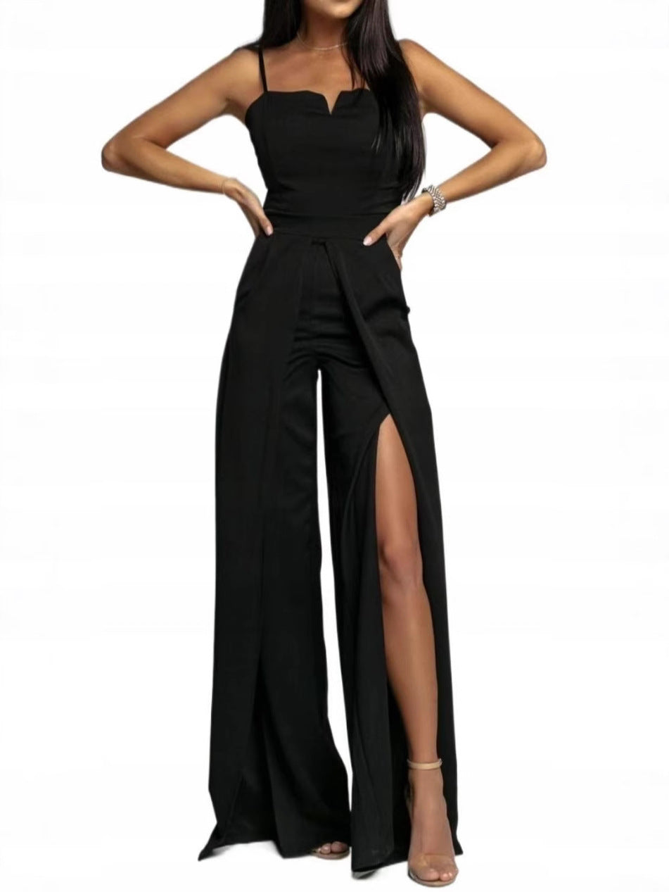 Women's Strapless Slim Fit Jumpsuit – Elegant Wide Leg Design with Front Slit Black