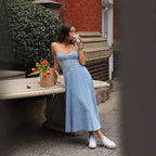 Women's Slim Fit Midi Dress - Denim Look with Spaghetti Straps & Sweetheart Neckline