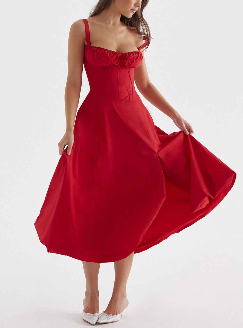 Women's A-Line Midi Dress – Sleeveless Floral Print with Bow Detail Red