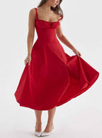 Women's A-Line Midi Dress – Sleeveless Floral Print with Bow Detail Red