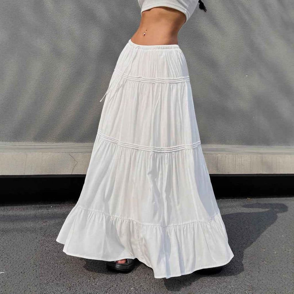 Women's A-Line Maxi Skirt with Layered Ruffles and Drawstring Waist – Lightweight Fabric