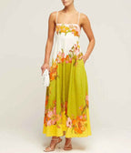 Women's A-Line Midi Dress with Smocked Bodice and Spaghetti Straps – Lightweight Cotton Floral Pattern