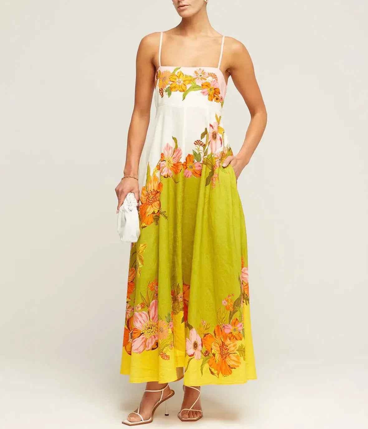 Women's A-Line Midi Dress with Smocked Bodice and Spaghetti Straps – Lightweight Cotton Floral Pattern