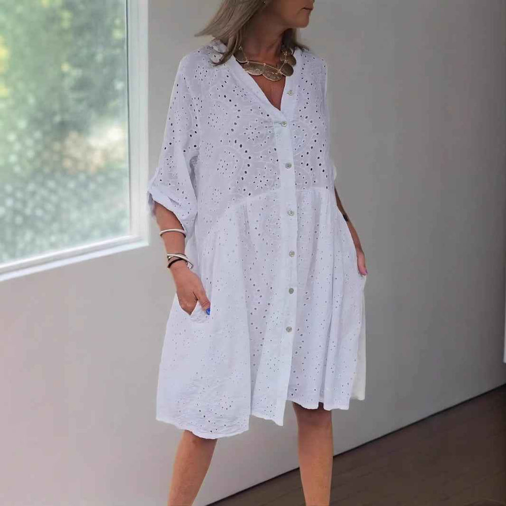 Women's A-Line Midi Dress - Cotton, Embroidered, V-Neck with Buttons