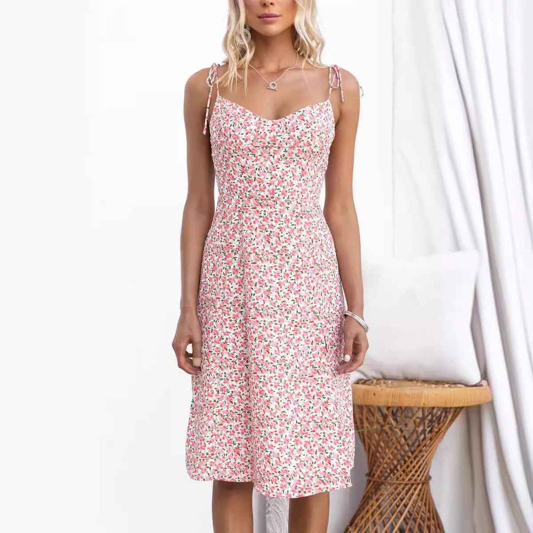 Women's Floral Midi Dress – Slim Fit, V-Neck, Spaghetti Straps, Side Slit