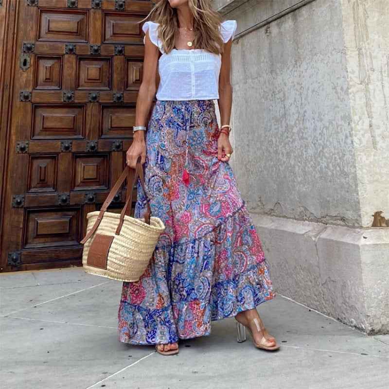 Women's Bohemian Print Maxi Skirt – Layered Design – Breathable Fabric