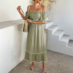 Women's Off-Shoulder Midi Dress with Ruffled Hem – Boho Style – Cotton Blend