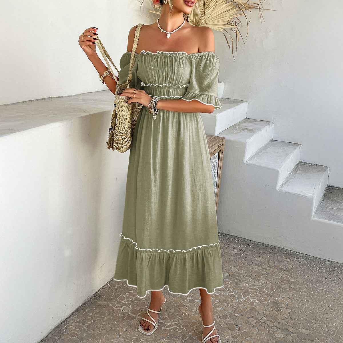 Women's Off-Shoulder Midi Dress with Ruffled Hem – Boho Style – Cotton Blend