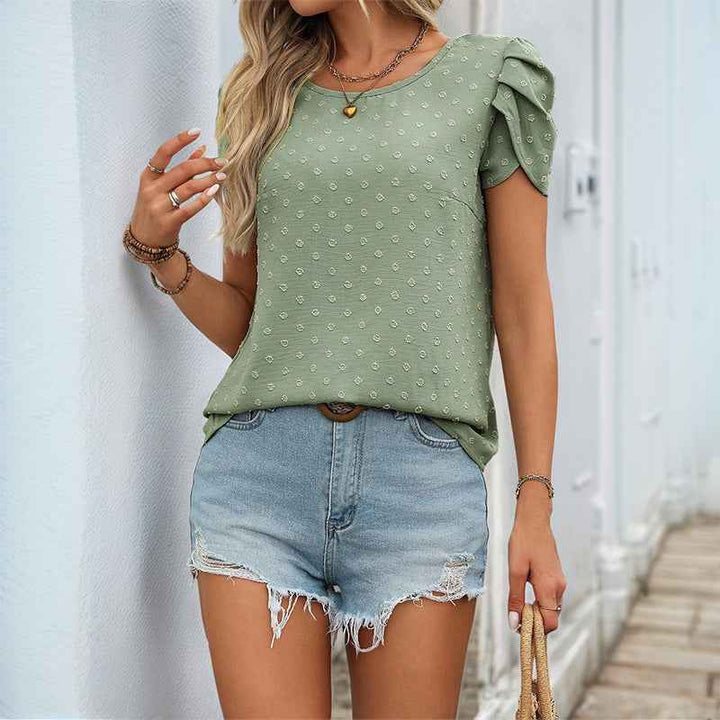 Women's Relaxed Fit Blouse with Jacquard Texture and Ruched Sleeves Mint Green