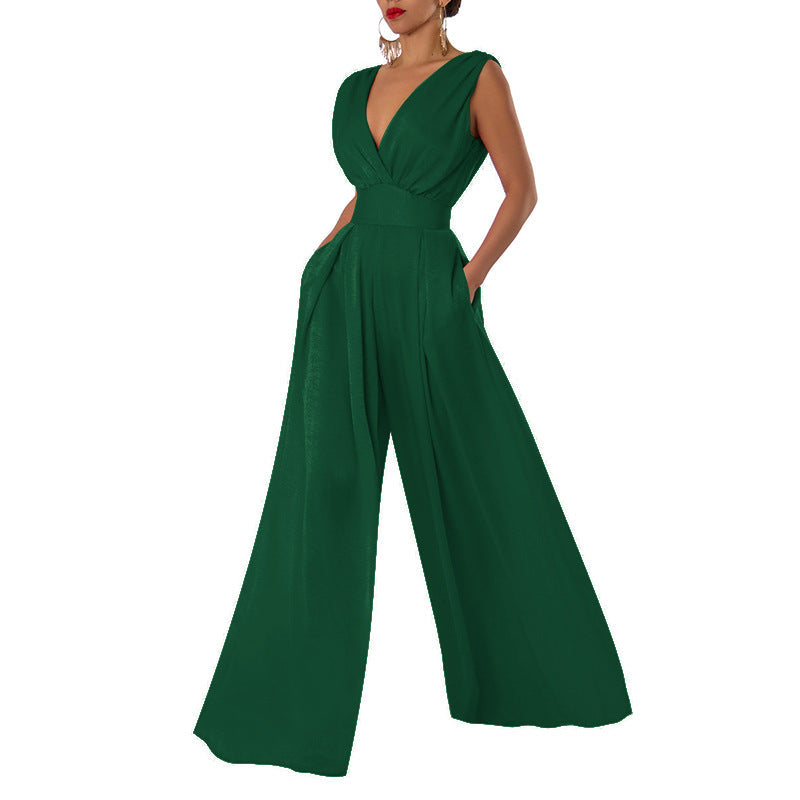 Women's Slim Fit Sleeveless Jumpsuit - V-Neck, High Waist, Wide Legs