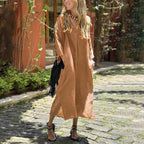 Women's Relaxed Fit Midi Dress - V-Neck, 3/4 Sleeve, Linen Cotton with Pockets Khaki