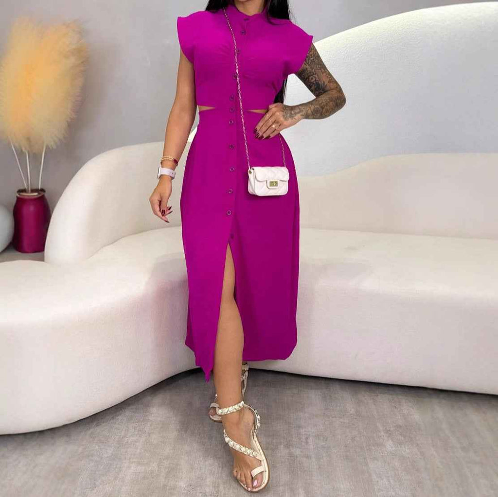 Women's Slim Fit Midi Dress – Sleeveless with Cut-Out Waist & Button Closure – Turtleneck Design Pink Red