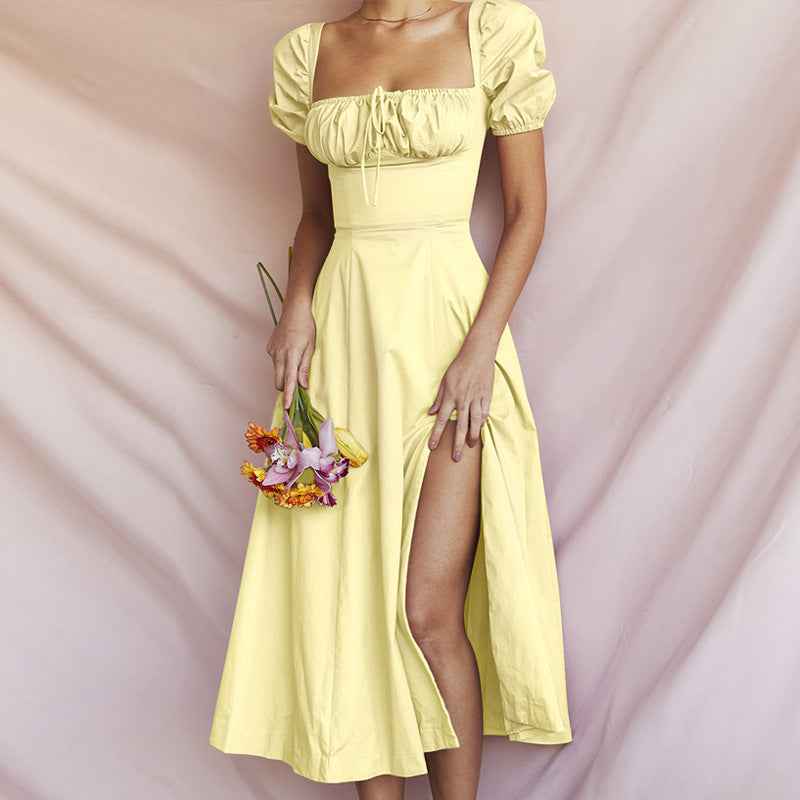 Women's A-Line Off-Shoulder Midi Dress with Puff Sleeves and Bow Detail Yellow