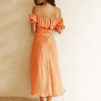 Women's Off-Shoulder Midi Dress – A-Line with Ruffled Waist and Sleeves – Cotton Blend