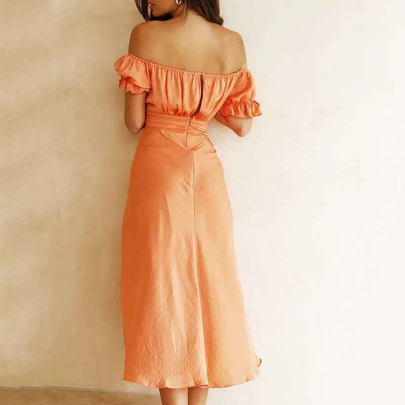 Women's Off-Shoulder Midi Dress – A-Line with Ruffled Waist and Sleeves – Cotton Blend