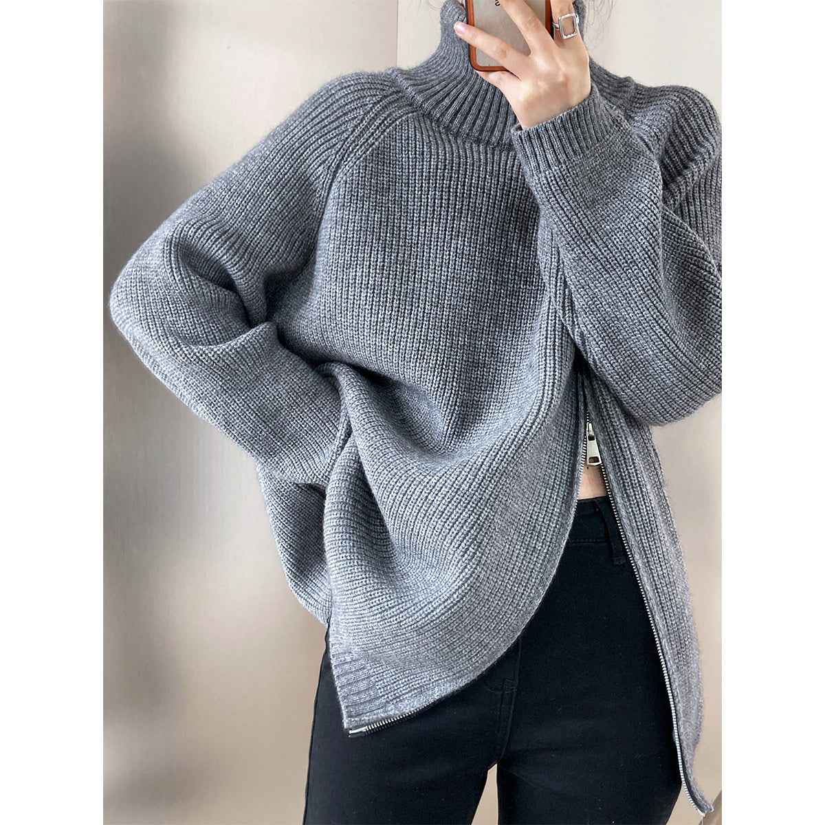 Womens Oversized Knitted Sweater – Wool Blend – High Collar with Side Zipper Grey One Size