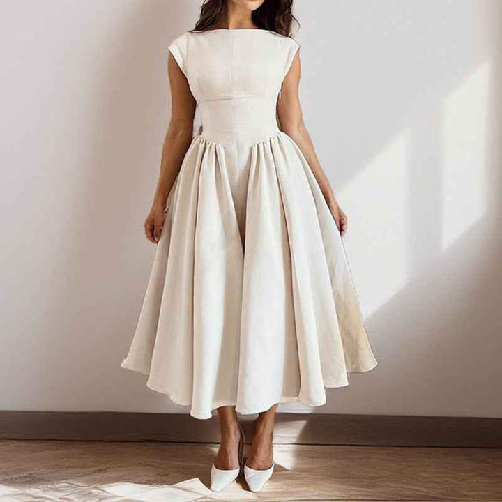 Women's A-Line Midi Dress – Fitted Sleeveless Design with Back Detail Apricot