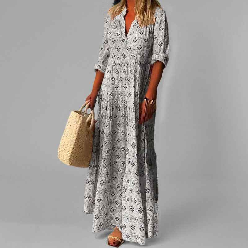 Women's Vintage Print Maxi Dress – Loose Fit Cotton – V-Neck – 3/4 Sleeve