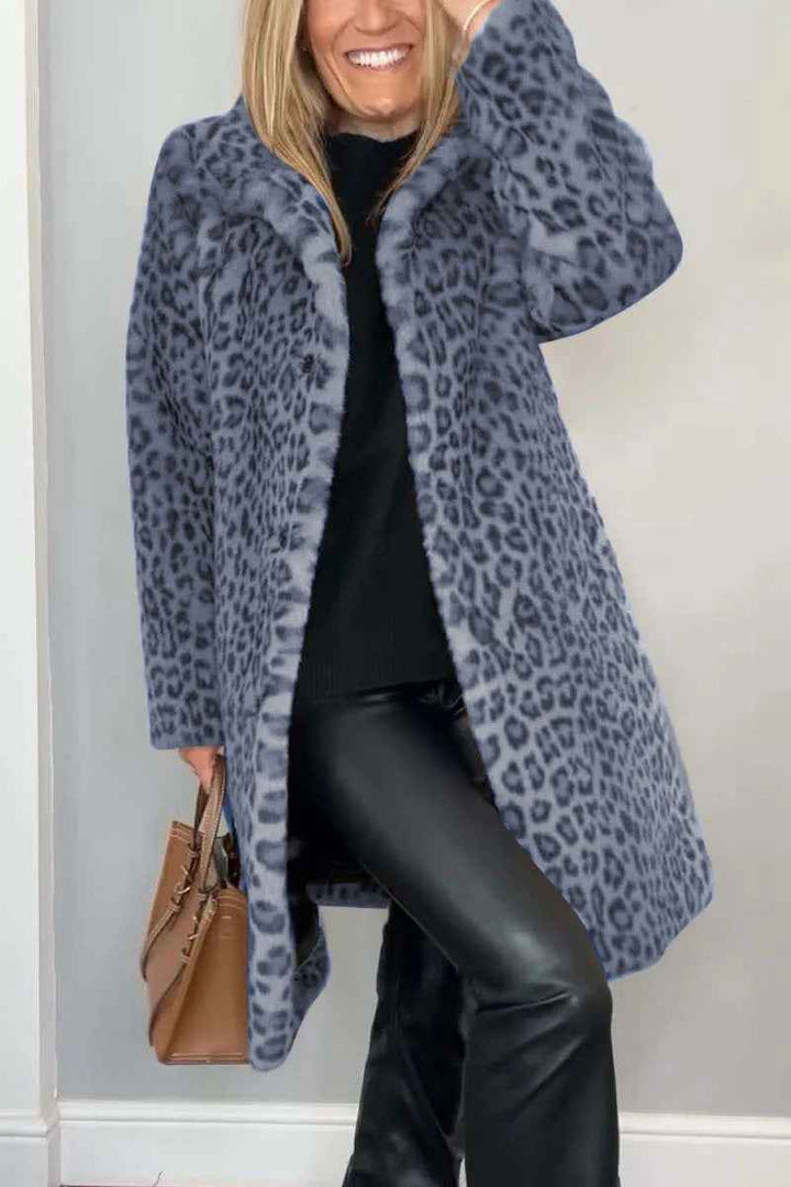 Women's Oversized Leopard Print Faux Fur Coat with Notched Collar Long Blue