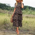 Women's Floral Midi Dress – Flowy Fit, Puff Sleeves, Layered Design