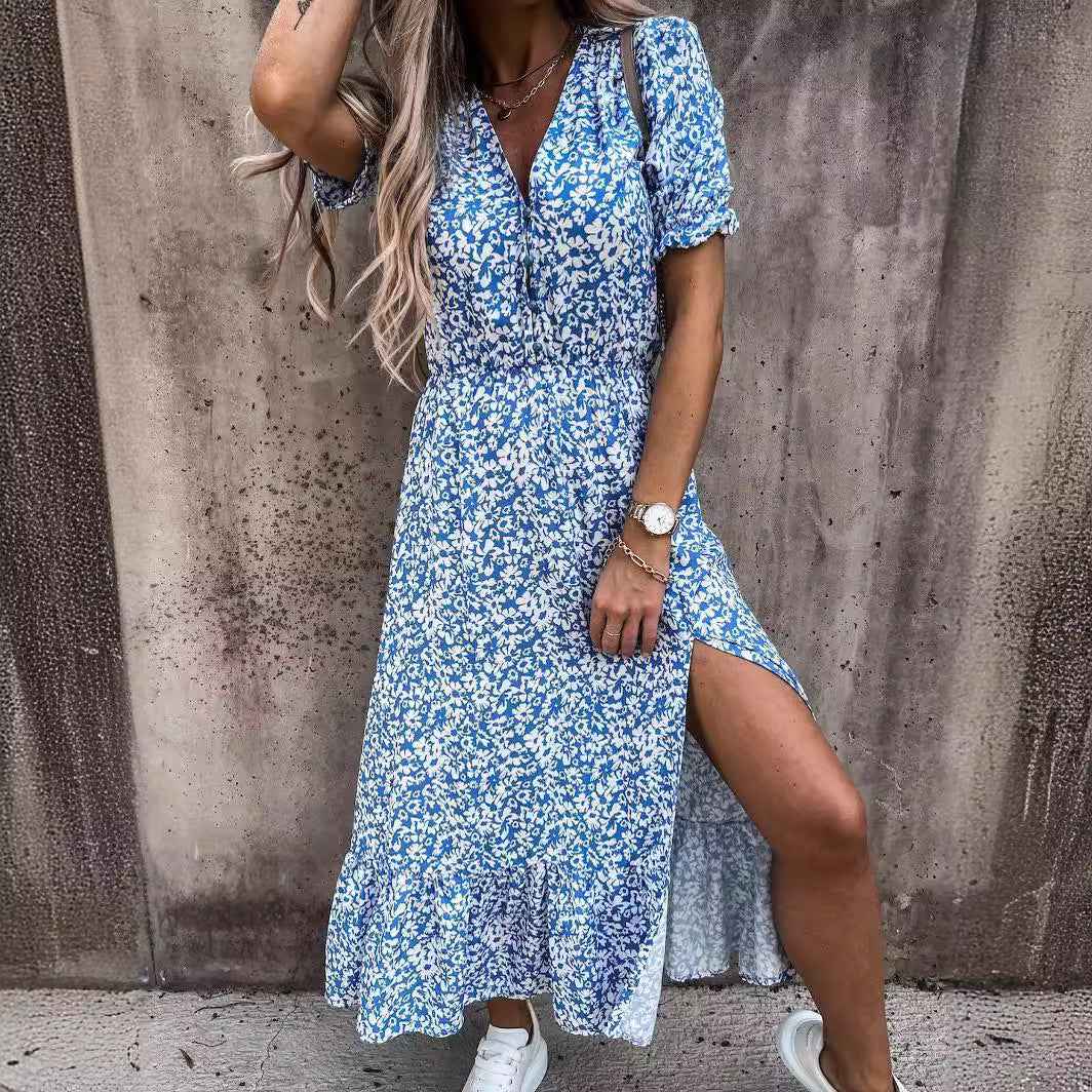 Women's Floral Print Maxi Dress - Relaxed Fit, High Waist, V-Neck, Side Split