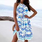 Women's Relaxed Fit Halter Dress with Layered Skirt and Floral Geometric Design Blue