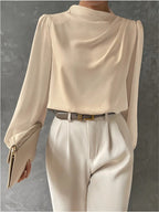 Women's Elegant Relaxed Fit Long Sleeve Blouse Off White