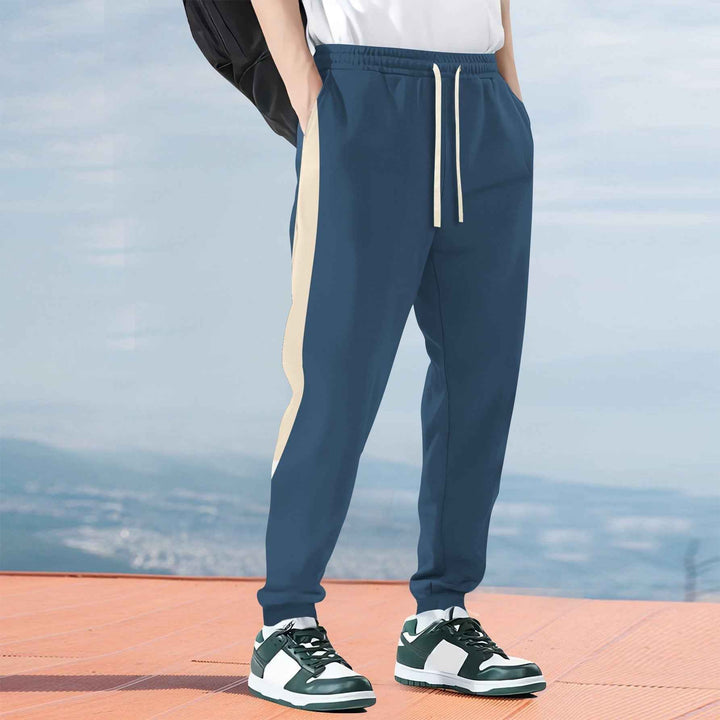 Men's Relaxed Fit Jogging Pants – Cotton Blend with Side Stripe and Drawstring Waist Peacock Blue