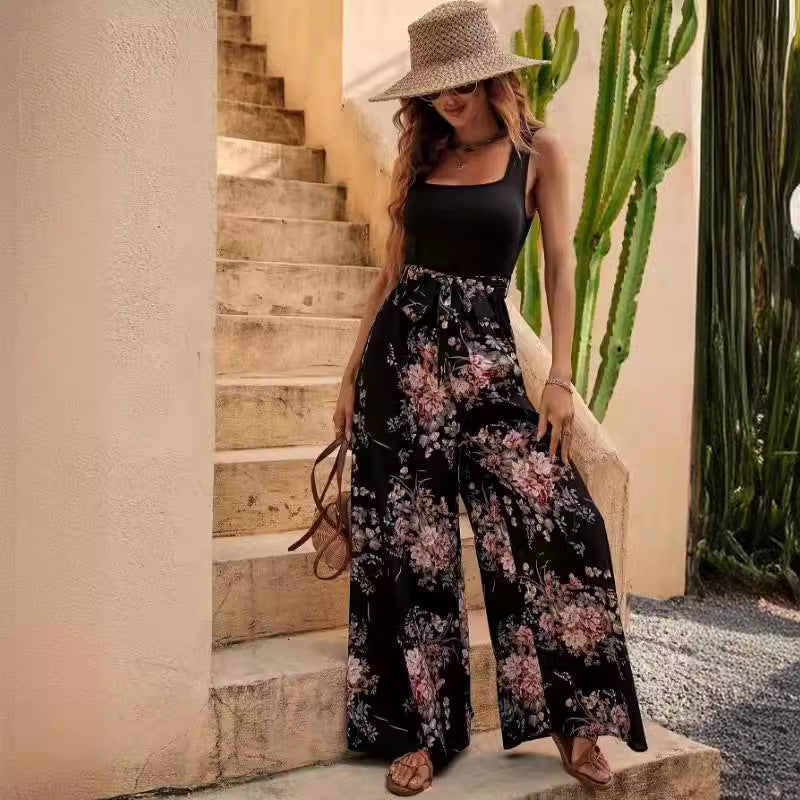 Women's Floral Print Sleeveless Jumpsuit – Relaxed Fit with Waistband – Full Length