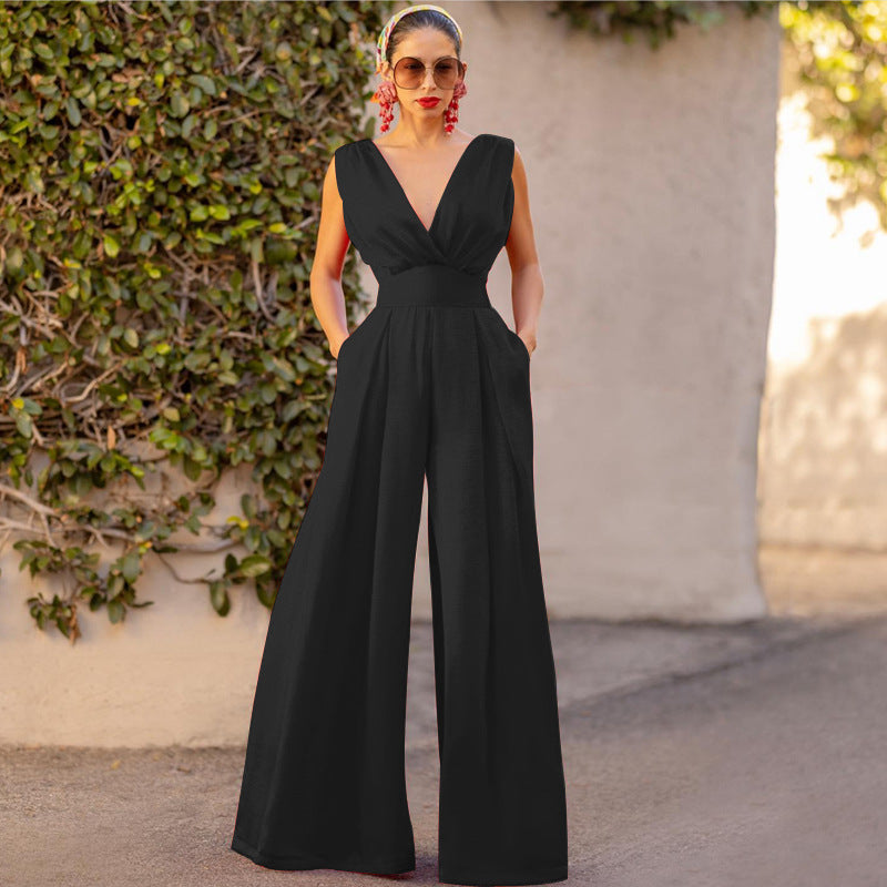 Women's Slim Fit Sleeveless Jumpsuit - V-Neck, High Waist, Wide Legs