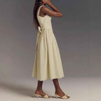 Women's A-Line Midi Dress – Open Back Bow Detail – Square Neck – Lightweight Fabric