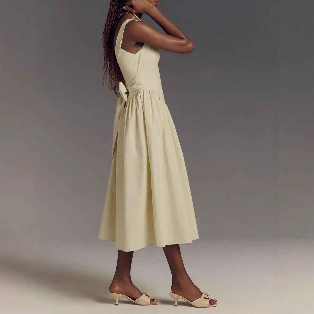 Women's A-Line Midi Dress – Open Back Bow Detail – Square Neck – Lightweight Fabric