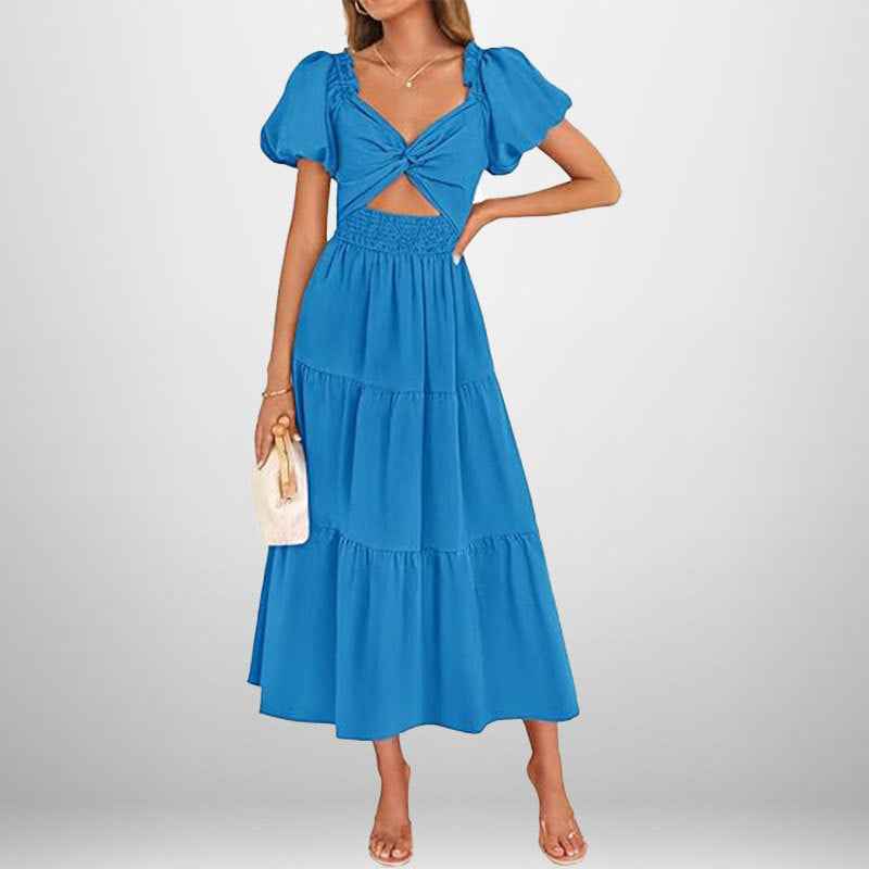 Women's A-Line Midi Dress with Smocked Waist, Puff Sleeves, and V-Neck – Cotton Blend Blue