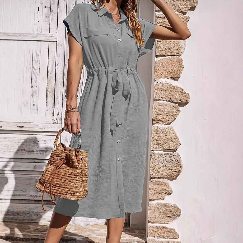 Women's Midi Shirt Dress – Casual Fit – Breathable Fabric – Button Closure – Tie Belt
