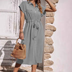 Women's Midi Shirt Dress – Casual Fit – Breathable Fabric – Button Closure – Tie Belt