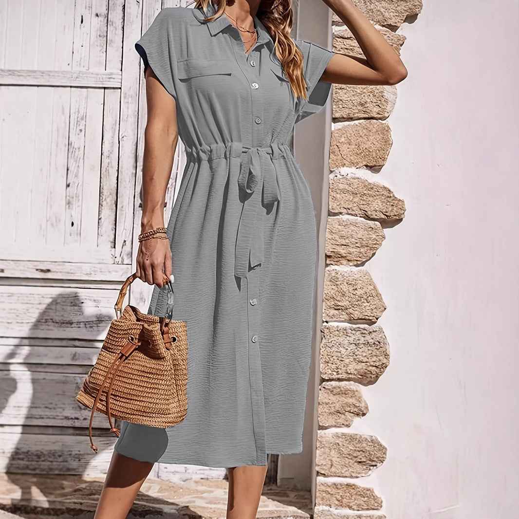 Women's Midi Shirt Dress – Casual Fit – Breathable Fabric – Button Closure – Tie Belt