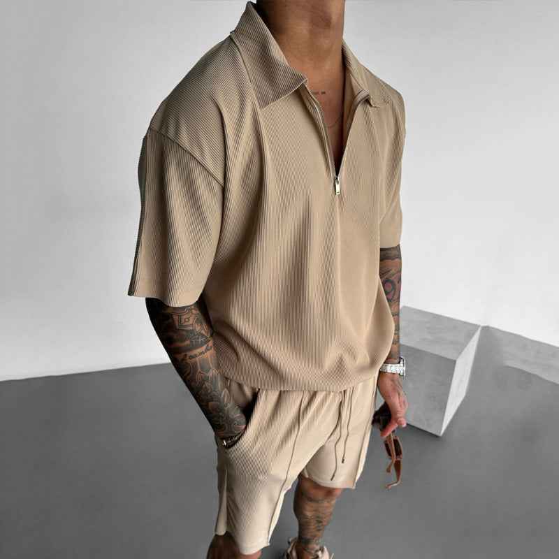 Men's Polo and Shorts Set – Relaxed Fit – Zipper Neck – Breathable Fabric – Drawstring Waist