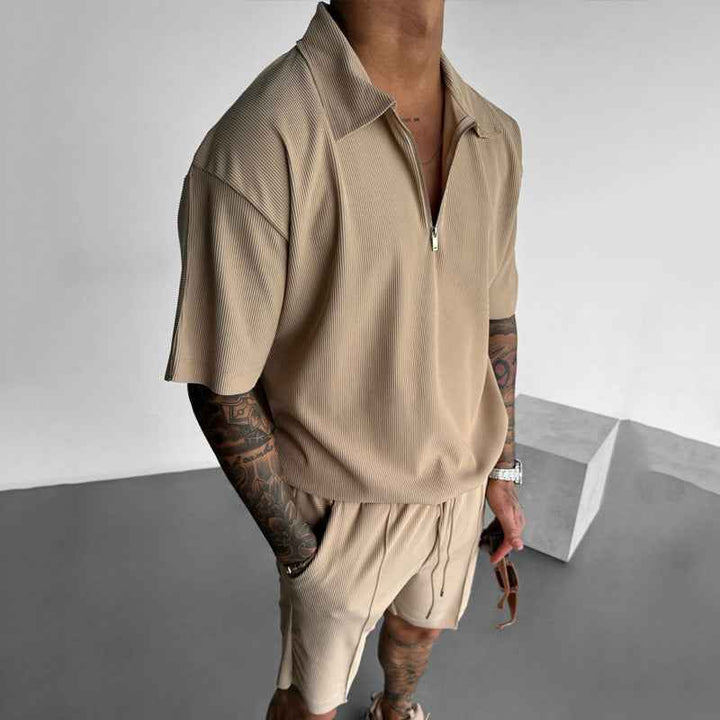 Men's Polo and Shorts Set – Relaxed Fit – Zipper Neck – Breathable Fabric – Drawstring Waist