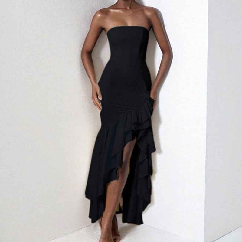 Women's Slim Fit Strapless Dress with Asymmetrical Ruffle Hem – Elegant Eveningwear Black