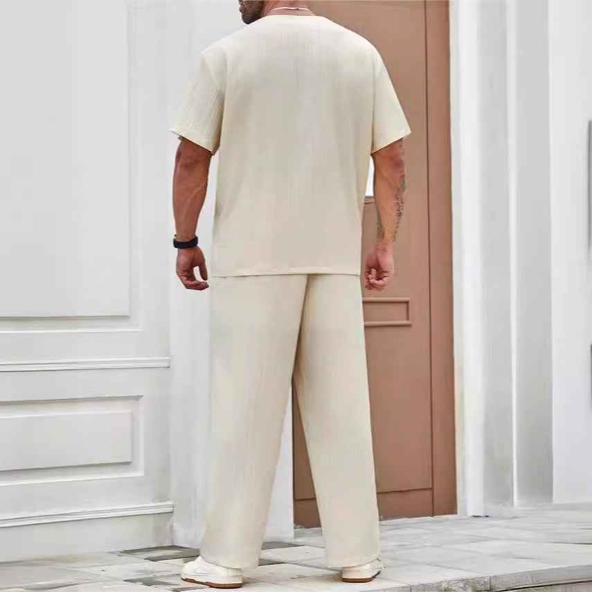 Men's Relaxed Fit V-Neck T-Shirt Set with Short Sleeves and Breathable Long Pants