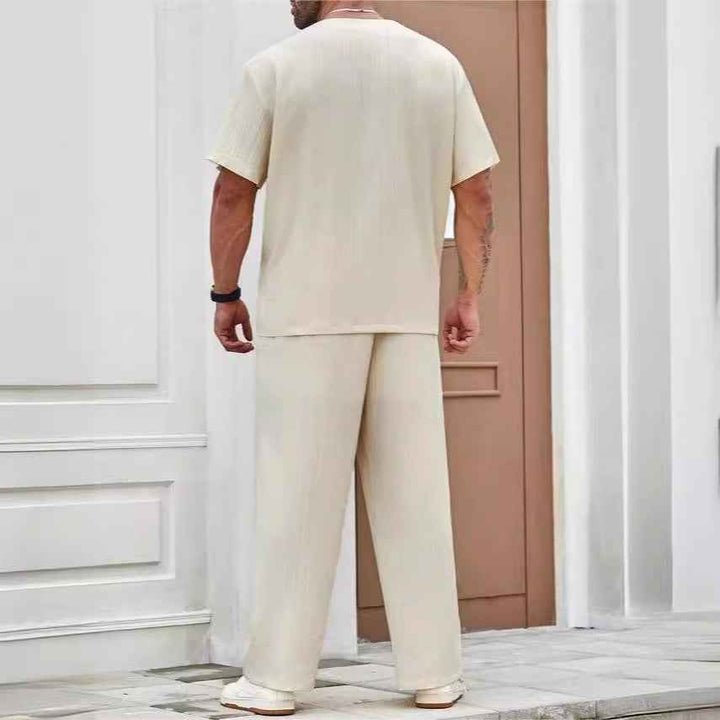 Men's Relaxed Fit V-Neck T-Shirt Set with Short Sleeves and Breathable Long Pants
