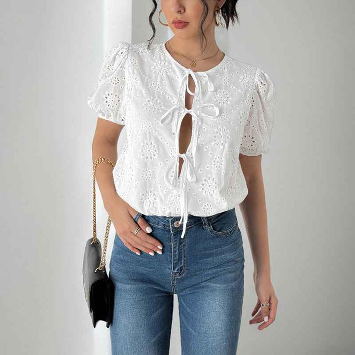 Women's Relaxed Fit Blouse – Linen Look with Lace Details and Puff Sleeves White
