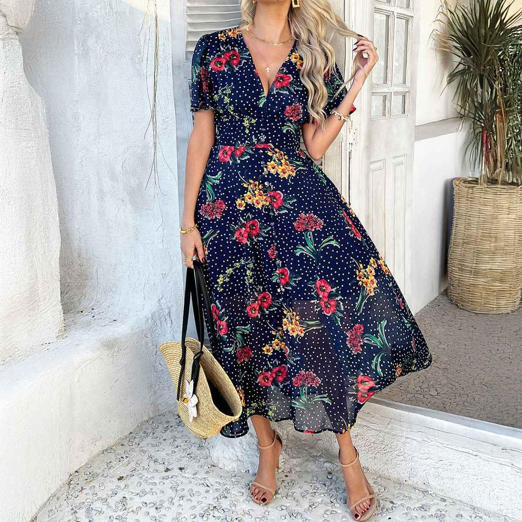 Women's Bohemian Floral Midi Dress – Chiffon, V-Neck, Short Sleeves Blue