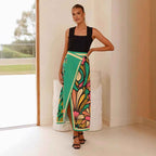 Women's High Waist Midi Skirt - Slim Fit, Front Split, Abstract Print, Airy Fabric