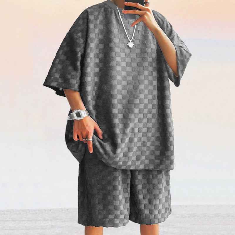 Men's Casual Shirt and Shorts Set – Soft Loose Fit Jacquard Knit Dark Grey