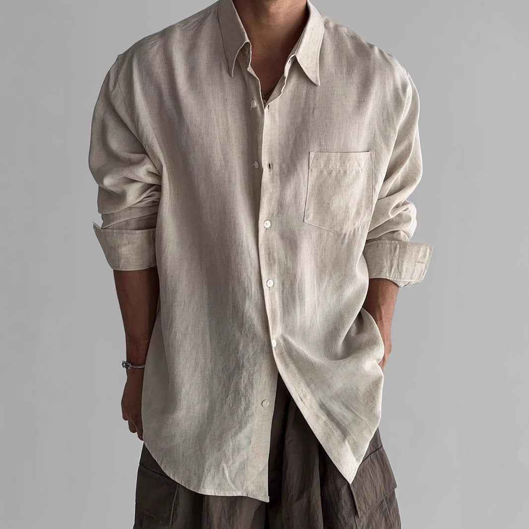 Men's Long Sleeve Relaxed Fit Shirt – Breathable Natural Fabric – Casual Button Design Khaki